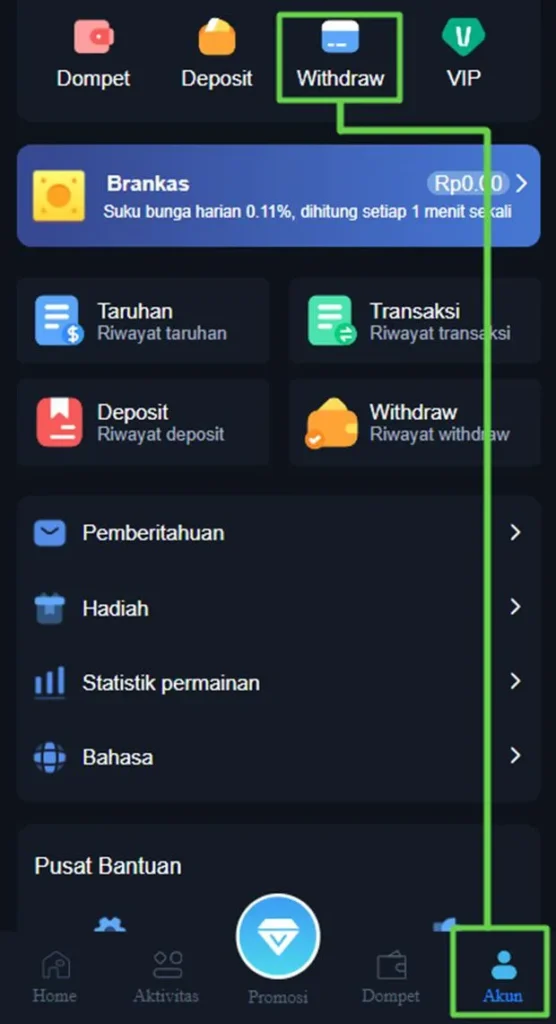 Tampilan menu penarikan saldo (Withdraw) di aplikasi 62CLUB Gaming. Pengguna dapat mengakses fitur ini melalui menu "Akun" dan memilih opsi "Withdraw" untuk mencairkan dana dari akun mereka ke rekening yang telah ditautkan. Tampilan ini menampilkan langkah visual yang mudah dipahami bagi pemula.